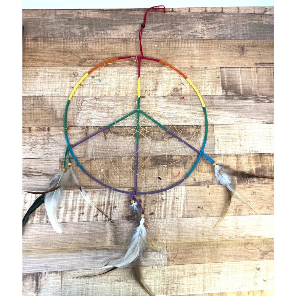 Rainbow Peace Sign Dreamcatcher With Feathers Handmade Wall Hanging For Bohemian